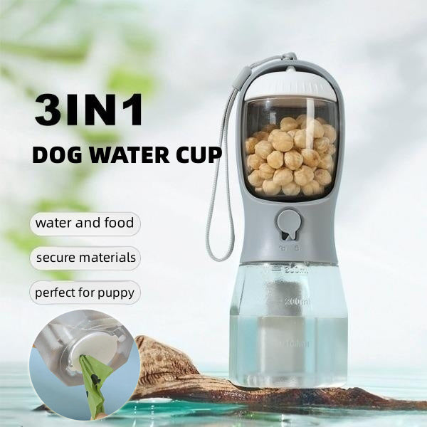 3-in-1 Portable Dog Water Bottle with Food Storage & Waste Bag Dispenser